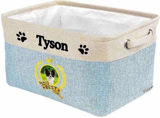 Custom Name Collapsible Dog Toy Storage Basket Bin World's Best Dog Papillon Foldable Pet Toy Box Closet Shelf Baskets Organizer for Bedroom Home Dog Cat with Handles Blue