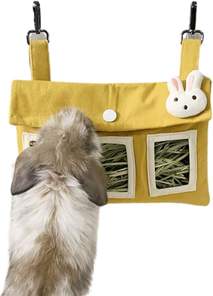 Rabbit Hay Feeder Bag with Cute Pendant, Storage Guinea Pig Feeder Rack Bag, Large Capacity Cotton Canvas Hanging Bag for Bunnies Chinchillas Guinea Pigs (Yellow,S)