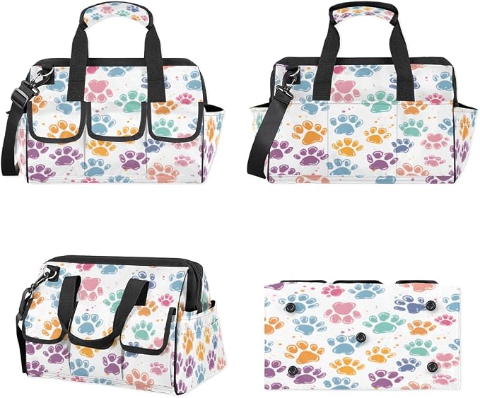 Cat Dog Paw Print Tool Bags for Men Women Multi-Pockets Wide Mouth Tool Organizer Storage Tote Bag Waterproof Stroage Bags with Adjustabe Shoulder Straper for Car Electrician Garden
