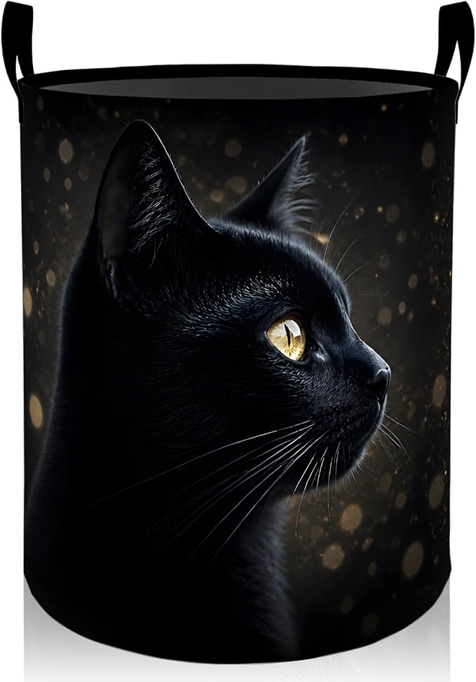 Black Cat Laundry Basket, Mysterious Kitten Foldable Oxford Cloth, Waterproof Dirty Clothes Hamper with Handles, Clothing Storage Bin Toy Organizer for Bedroom Dorm Bathroom, 19.7"x15.7"