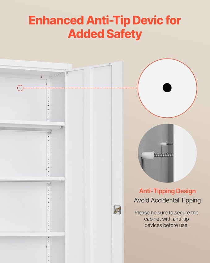VEVOR Metal Storage Cabinet, Lockable Steel Garage Cabinet with Adjustable Shelves, 2 Magnetic Doors, 2 Keys, 5-Tiers Tool Storage Locker for Home, Office, School, Warehouse, Basement, Laundry, White