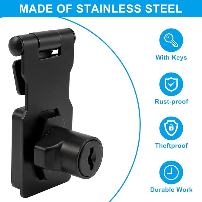 2 Pcs 2.5 Inch Hasp Lock, Black | Metal Twist Knob, Keyed Locking, With Keys, With Screws, For Small Doors Cabinets Toolboxes Storage Units