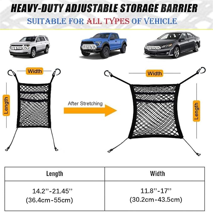 DYKESON Dog Car Net Barrier with Mesh Organizer, Pet Divider for Cars, SUVs | Upgraded Pet Barrier With Stretchable Storage Bag Pouch，Auto Backseat Net, Pet kids Safety Divider, Easy Install (3 Layer M)