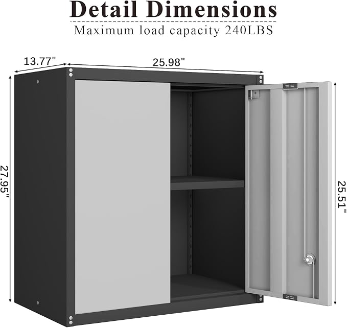Locking Metal Wall Cabinet, 28" Metal Storage Cabinets with Doors and Shelf, Steel Garage Locker Mounted Small Tool Chest for Home Office, Kitchen, Pantry