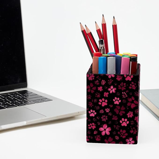 Pet Paws Pen Holder for Desk Decor, Rectangular PVC Leather Pencil Cup for Desk Pen Organizer, Makeup Brush Holder for School, Home, Office