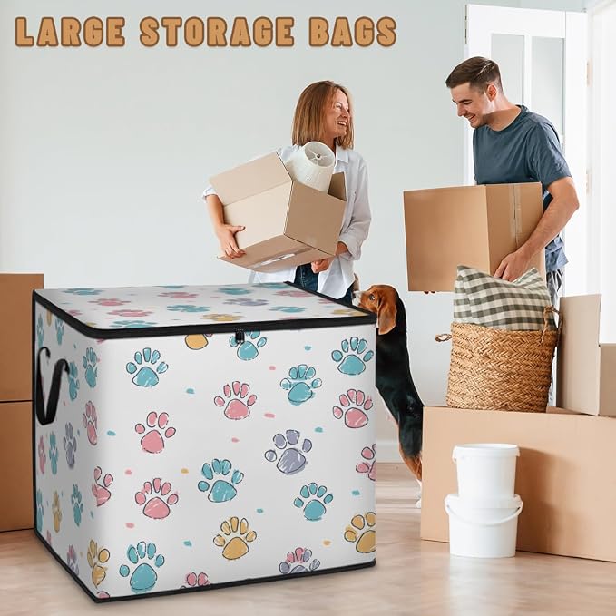 Paw Print Large Storage Bags, Fabric Bed Storage Containers, Foldable Closet Organizers for Blanket, Clothing, Comforter, Bedding, Puppy Dog Paw