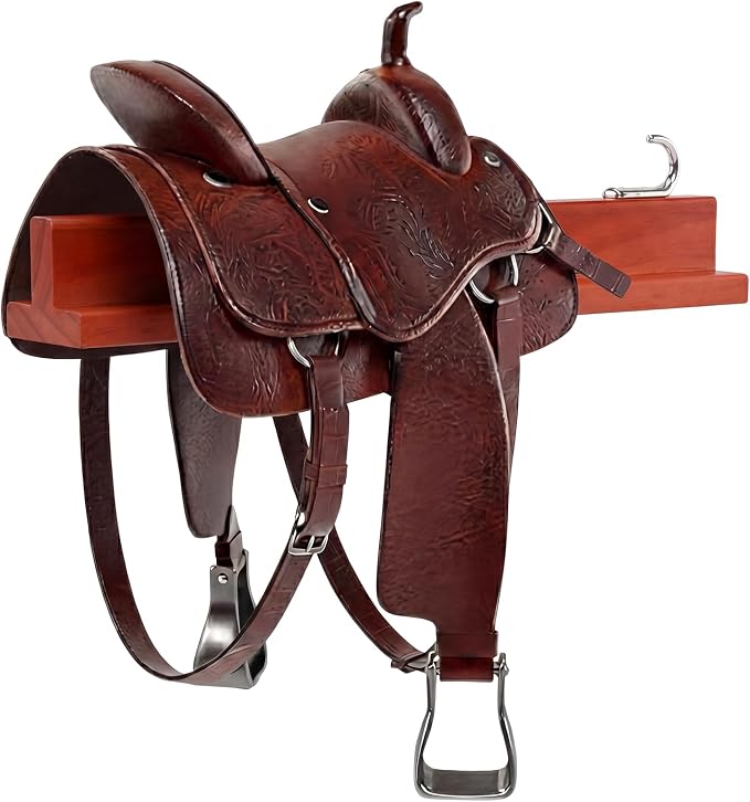 Novabright 1 Pcs 17" Folding Pine Wood Saddle Rack Wall Mount,Brown | Wall-mounted Saddle Holder with Hook Saving Space Rack for English & Western Saddles, Durable Portable Equestrian Storage
