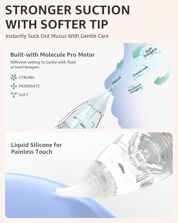 GROWNSY Nasal Aspirator for Baby with Protection Mode, Electric Nose Suction for Baby, Automatic Baby Nose Sucker with 3 Silicone Tips, Adjustable Suction Level, Music and Light Soothing Function