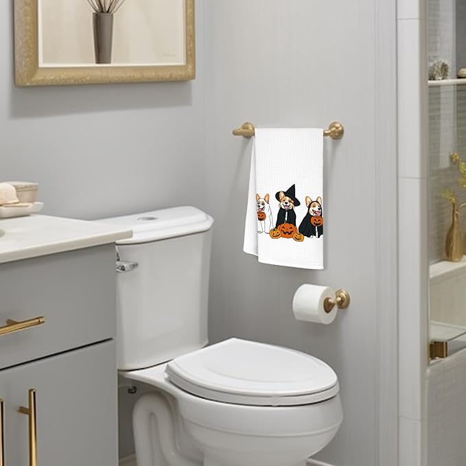 Jvpke Halloween Ghost Corgi Pumpkin Kitchen Towels, Corgi Dish Towels Tea Towels for Kitchen, Halloween Bathroom Hand Towels, 16x24 Inches