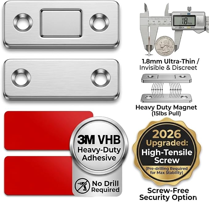 8-Pack Ultra-Thin Magnetic Cabinet Catch No-Drill Strong Adhesive Latch