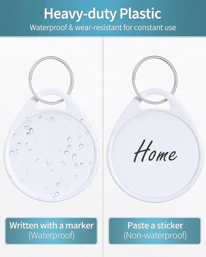 Uniclife 1.5 Inch Tough Plastic Key Tags Sturdy Round White Item Identifiers with Blank Paper Label Stickers and Split Rings, 100 Pack