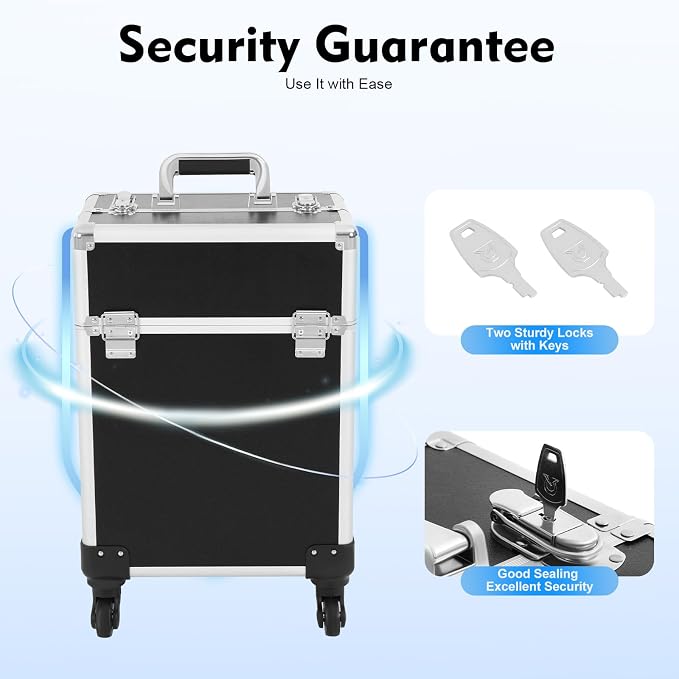 Rolling Makeup Train Case, Aluminum Cosmetic Case Rolling Makeup Trolley Case with Key, Large Storage Cosmetic Trolley 4 Tray with Sliding Rail, Salon Barber Case Traveling Cart Trunk