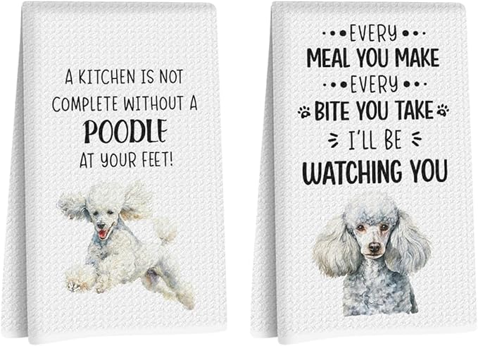 2Pcs Poodle Dog Kitchen Towels, Funny Poodle Gifts for Women Mom, Reusable Dish Towels for Kitchen Bathroom Decor, Waffle Weave Absorbent Hand Cloth Tea Towel, Gifts for Dog Lovers, 14x24 inch