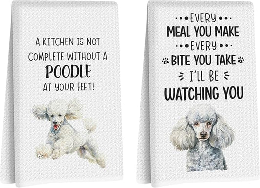 2Pcs Poodle Dog Kitchen Towels, Funny Poodle Gifts for Women Mom, Reusable Dish Towels for Kitchen Bathroom Decor, Waffle Weave Absorbent Hand Cloth Tea Towel, Gifts for Dog Lovers, 14x24 inch