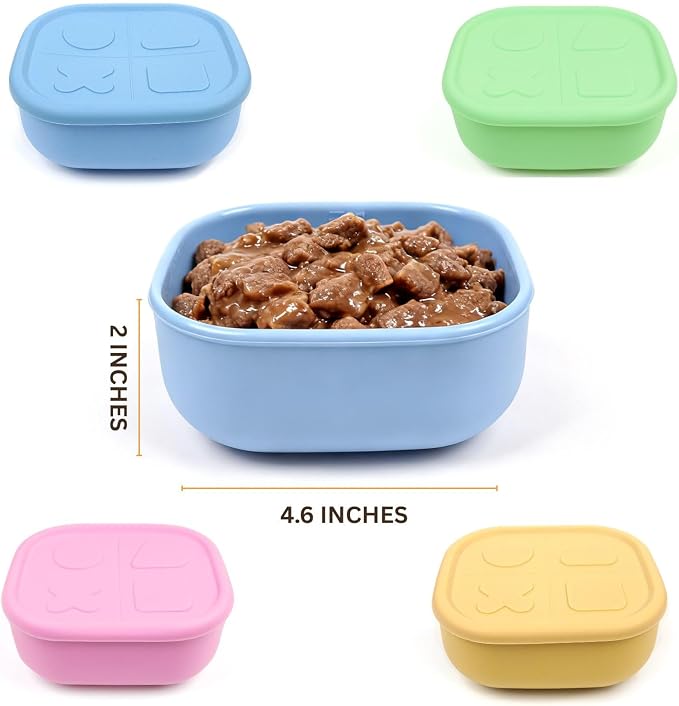 2ME Airtight Pet Wet Food Storage Containers with Lids (4-Pack, 12oz) - Silicone Meal Prep Kit for Dog & Cat Food - Freezer, Microwave & Dishwasher Safe - with Stainless Steel Scoop