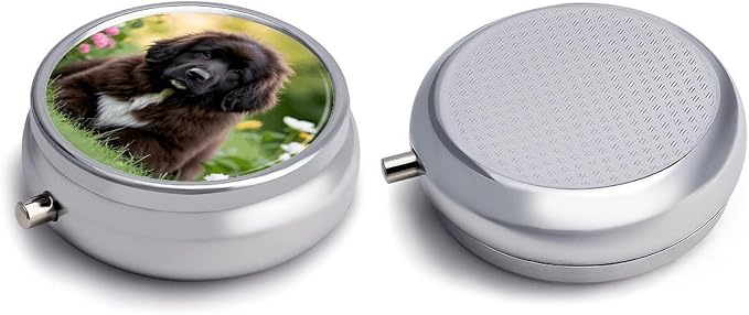 Cute Pet Newfoundland Dog Pill Box Exquisite Round Pill Organizer 3 Compartments Portable Pill Case Waterproof Mini Medicine Container Cute Medicine Box for Pocket Purse Daily Vitamin Holder