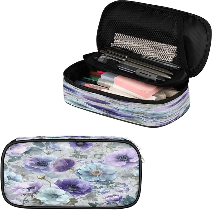 Watercolor Purple Blue Flowers Pencil Case Pouch, Big Capacity Waterproof Pen Bag for Students Teens Adults, Large Storage Organizer for Stationery