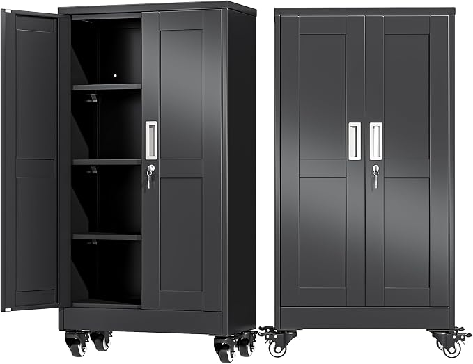 Ckzbx Metal Garage Storage Cabinet with Locking Doors and Adjustable Shelves,61" H Rolling Tool Storage with Wheels for Garage,Office (Black)