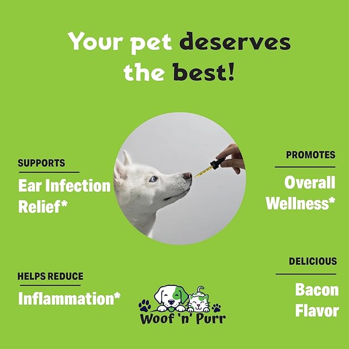 Woof 'n' Purr Natural Dog Ear Cleaner and Infection Treatment for Dogs - Dog Drops for Itching, Irritation, & Redness - Ear Infection Treatment for Dogs - 1 fl oz - Bacon Flavor