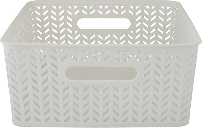 Simplify 2 Pack Medium Herringbone Storage Basket | Dimensions: 14"x11.5"x5.15" | Multipurpose | Home Organization | 2 Open Handles | White