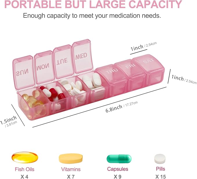 2 PCS Large Weekly Pill Organizer, 7 Day Daily Pill Box Case Easy to Open, Silkscreen Printed Medicine Container with Clear Lid for Vitamins, Fish Oils or Supplements (Pink)