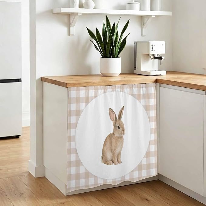 Rabbit Plaid Cabinet Dishwasher Hidden Curtains, Privacy Closet Door Curtain, Modern Farmhouse Checkered Rustic Animal Adhesive Dust Proof Under Sink Skirt for Bathroom Kitchen 35"x35"