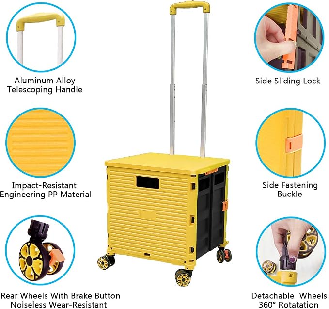 FELICON SELORSS Foldable Utility Cart Folding Portable Rolling Crate-Yellow | Durable,Heavy Duty,Plastic Box,Telescoping Handle,4 Rotate Wheels,Collapsible Handcart for Travel Shop Move Luggage Office