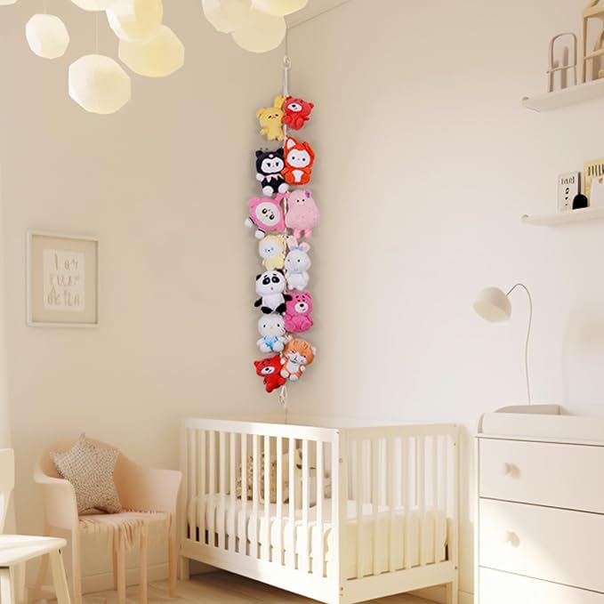 2 Pack Stuffed Animal Storage Chain Boho Room Decor, Hanging Stuffed Animal Holder with 20 Metal Clips, Macrame Plush Toy Corner Organizer for Kids Baby Nursery Bedroom Playroom Wall Decor