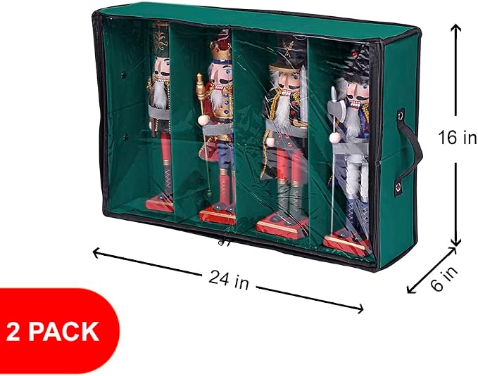 2 Pack Christmas Figures Storage Box | Each Holds 4 Holiday Figurines up to 16” | Adjustable Nutcracker Decor Ornament Storage Container | Xmas Decorations Accessories Boxes (Green)