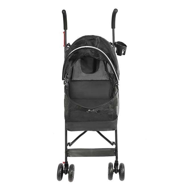 2 Wheels Pet Stroller, Foldable Pet Strolling Cart with Storage Basket and Cup Holder, Puppy Kitty Stroller with Weather Cover, Travel Gear for Medium Small Dogs and Cats Under 22lbs (Black)