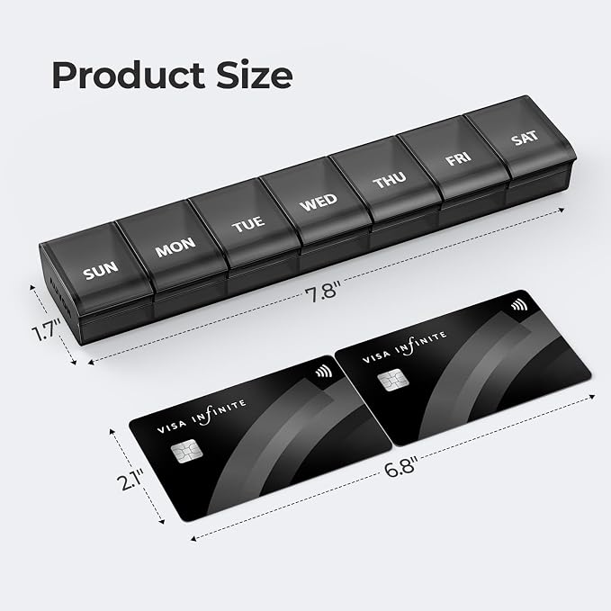 AUVON Weekly Pill Organizer with Effortless Opening Design, BPA-Free | Arthritis Friendly Pill Box, Cute Pill Organizer 7 Day, Portable Pill Case for Vitamins, Supplements and Medications, Black