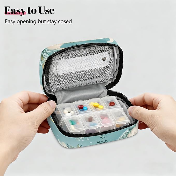 Weekly Pill Organizer Travel Size Bag with Removable 7 Day Pill Box Portable Vitamin Case Purse with Zipper,Unicorns Flowers Blue Pattern