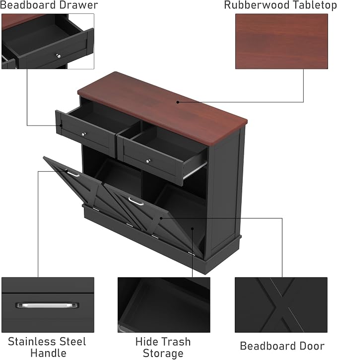 TOLEAD Double Tilt Out Trash Can Cabinet 2 x 10 Gallon Wooden Hidden Trash Cabinet with Barn Door & Solid Wood Top, Farmhouse Kitchen Garbage Bin Enclosure, Pet Proof Odor Blocking for Kitchen, Black