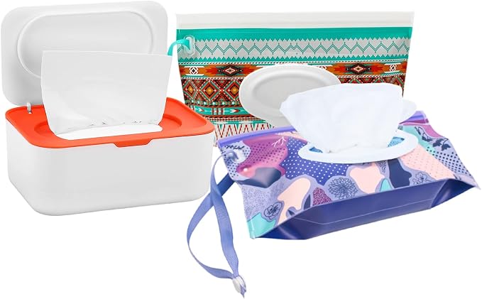 Wipes Dispenser with 2Pcs Portable Refillable Wipe Holder,Reusable Large Wipe Holder Box Flushable Wipes Case Bathroom Wipes Container for Pet Nursery Kitchen Office Counter (White-Orange) | Refillable Reusable Large Wet Wipe Holder, Flushable Wipes Ca...