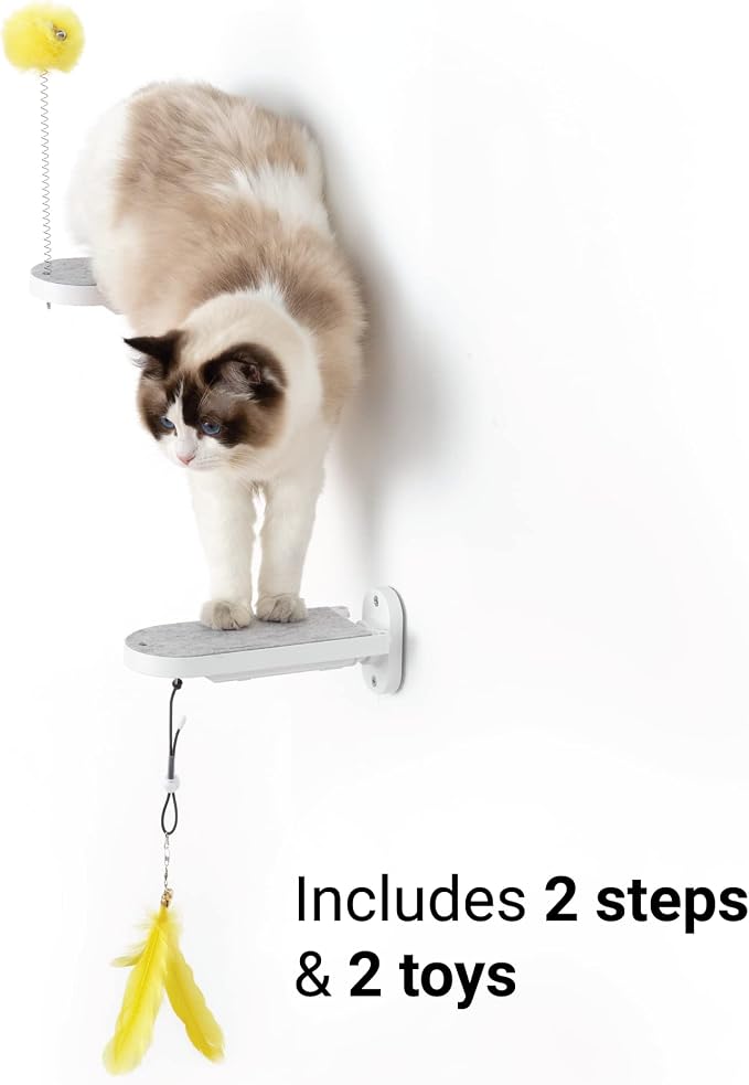 (2-PACK Cat Wall Steps, Cat Climbing Stairs with Replaceable Felt Pad, Cat Climbing Shelves for Wall Mounted with Cat Toy, Cat wall furniture for Kitten, Medium and Large Cats (White)