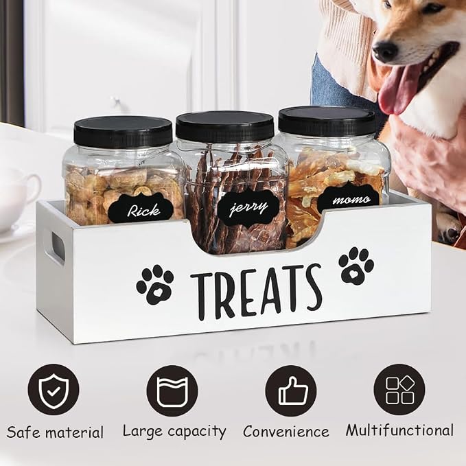 Dog Treat Container for Countertop, Pet Snack Storage Box Includes 3 Treat Jar & Wooden Pet Treat Container Pet Food Organizer For Puppy Airtight Dog Treat Storage With Lids