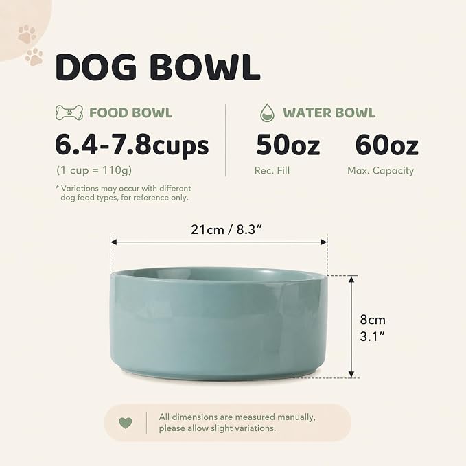 Havniva Ceramic Dog Bowls, Dog Food and Water Bowl Set, Dog Water Bowl | 8.3” Ceramic Dog Food Bowls with Non-Slip Rubber Base, Large Capacity, Dog Feeding Bowls for Large Dogs