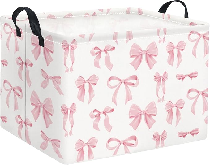 Rectangular Baby Kids Storage Basket for Home Kitchen Girls Cute Toy Storage Bin Organizer Shelf Book Room Decor(Silk Bowknot)