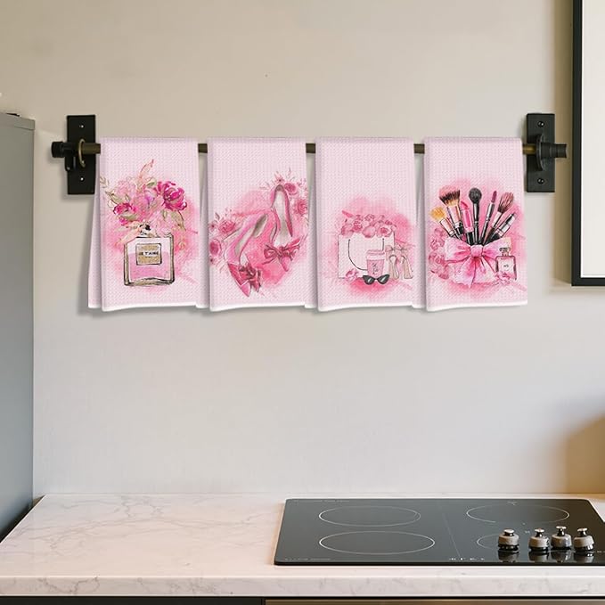 4 Pcs Pink Hand Towels Decor for Bathroom 24x14 Inch, Perfume High Bow Decor Microfiber Reusable Tea Towels for Bathroom, Waffle Weave Dish Drying Towel, Washroom Gifts for Women Mom Friend