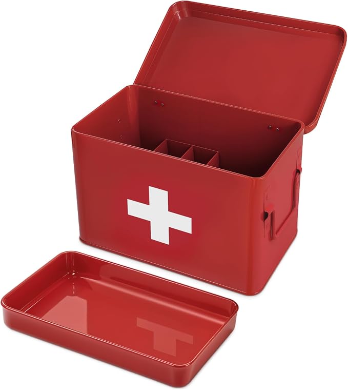 Plexon 8.5" Metal First Aid Box Empty, Medicine Storage Bin with Lid, Emergency Supplies Organizer, Portable First Aid Kit Case, Red