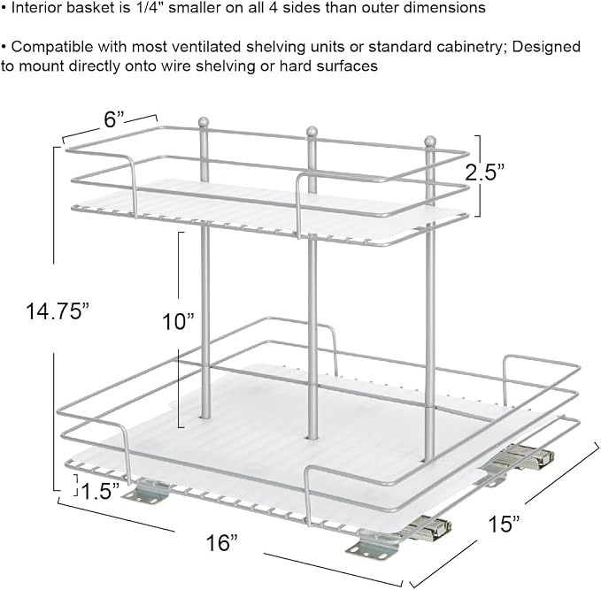 Household Essentials Glidez Steel Pull-Out/Slide-Out Storage Organizer with Plastic Liners for Under Sink or Wire Shelf Use - 2-Tier Design - Fits Standard Size Cabinet or Shelf, Brushed Silver
