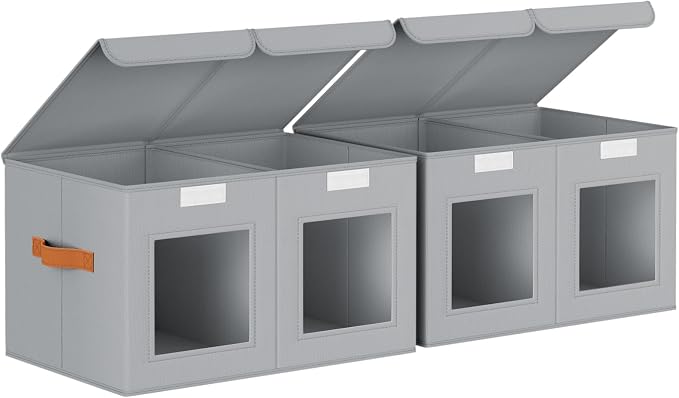 Homsorout Large Closet Storage Bins - Collapsible Divided Clothes Organizer with Lids & Dual Window, Fabric Organizing Bins for Clothes, Sweater, Bedroom, Office (Grey, 2 Pack)