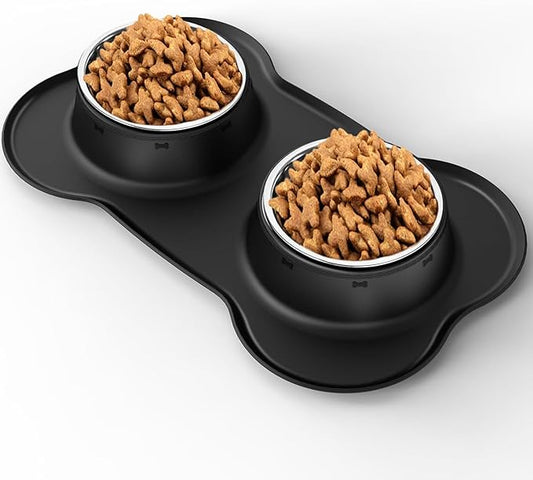 Pet Deluxe Dog Bowls Stainless Steel Dog Food Water Bowl Set with Stand, Feeding Bowls No Spill Non-Skid Silicone Mat, Dog Dishes for Small Medium Large Size Dog Puppy Pet Food Bowls, Black, 4 Cup