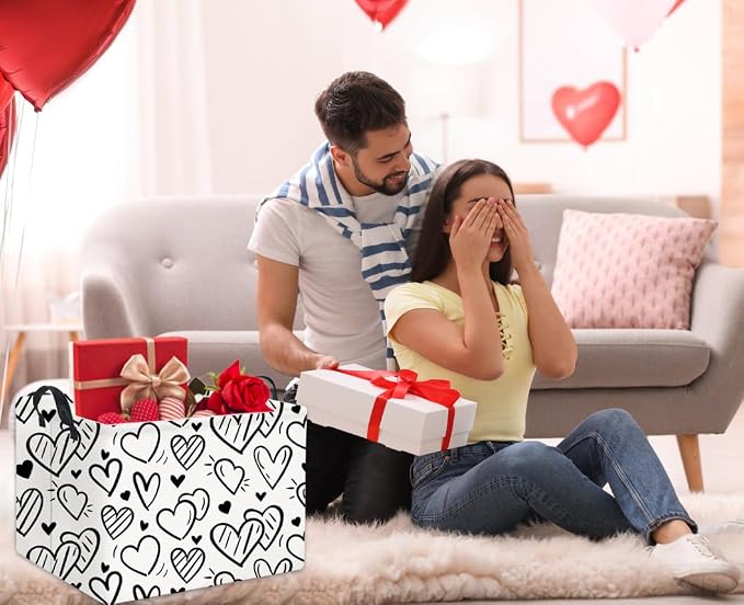 Rectangular Heart Basket Kids Baby Storage Bin Basket Organizer Box for Girls Love Room Decor(Black Striped Heart)