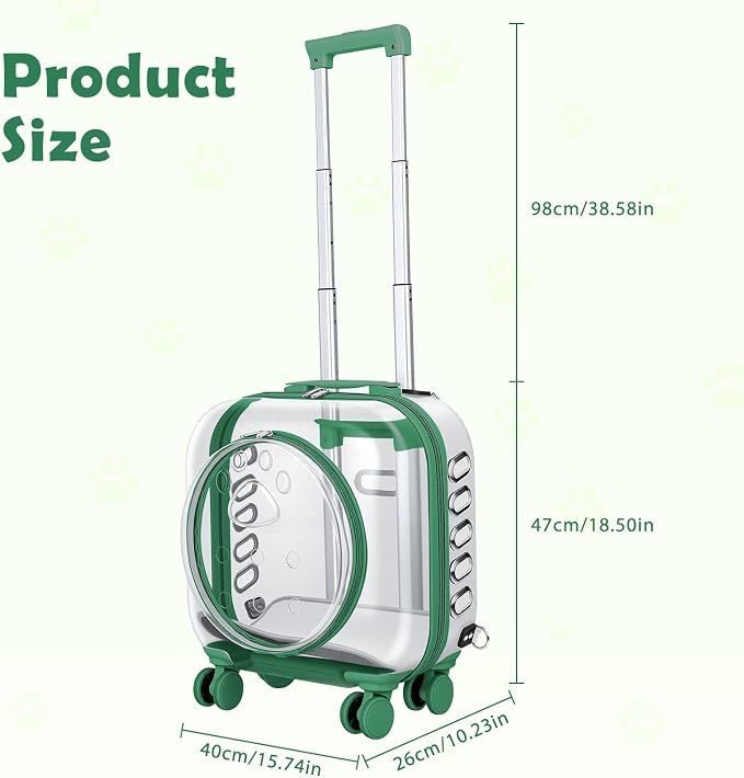 Pet Trolley Case with Ventilation Holes, Pet Carrier,Pet Rolling Carrier,Clear Window Pet Trolley Case,Pet Strollers for Small Dogs,Cat Carrier with Silent Wheels Telescopic for Travel (Green-A)