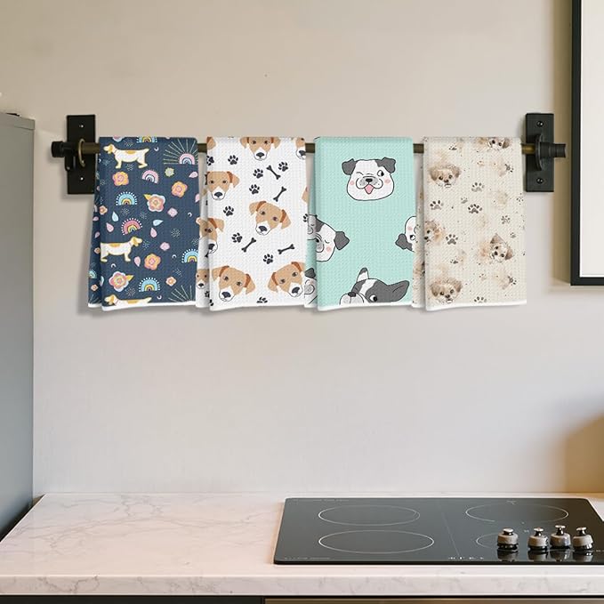 Hanamiya Na 4Pcs Cute Dog Kitchen Towels, Whimsical Decorative Absorbent Microfiber Dish Cloth Tea Towel, Waffle Hand Towels for Farmhouse Home Bathroom, Dog Gifts