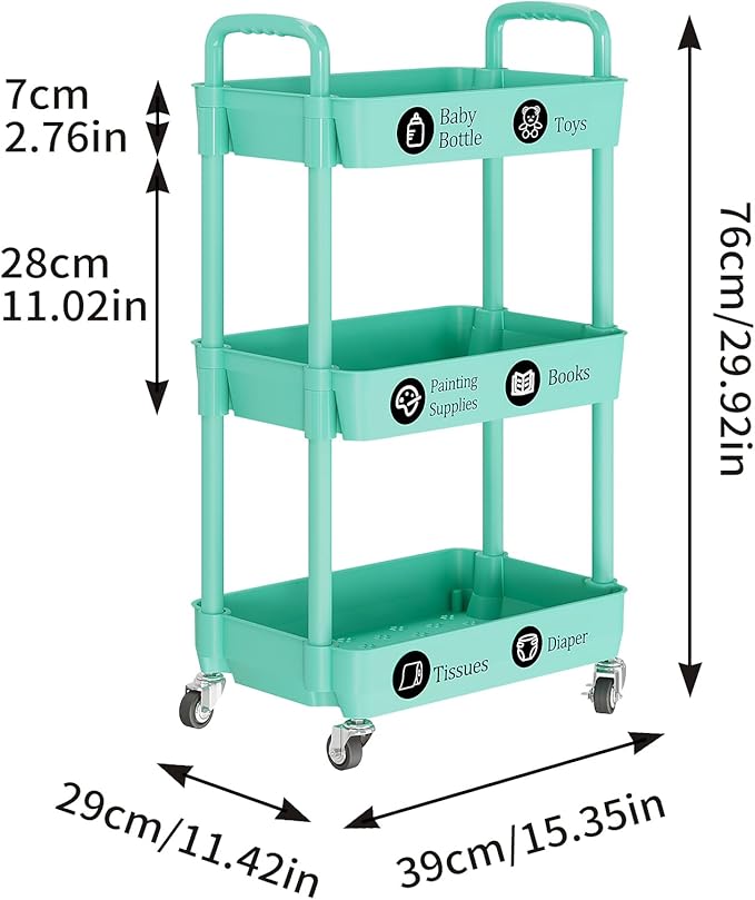 Laiensia 3-Tier Rolling Cart with Wheels,Multifunction Utility Storage Carts, Kitchen Storage Organizer,Mobile Shelving Unit for Bathroom,Laundry,with Classified Stickers,Green