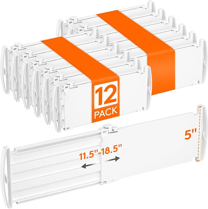 Lifewit 5" Tall Drawer Dividers, Adjustable Deep Drawer Organizer Clothes | 12 Pack 11.5"-18.5" Expandable White Plastic Separators for Dresser, Kitchen, Cabinet, Closet, Office Organization & Storage