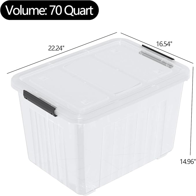 70 Quart Large Clear Plastic Storage Boxes with Wheels, 4 Packs | Stackable Plastic Latching Organization Bins with Lids