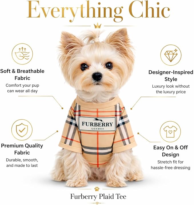 Luxury Designer Dog T Shirt – Trendy Puppy Clothes for Small Dogs, Fashion Pet Tee for French Bulldogs & Chihuahuas, Everything Chic Dog Apparel (FurberryTee, Small)